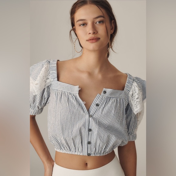 Anthropologie Tops - ✨ NWOT Anthropologie Ruffled Puff-Sleeve Button-Front Crop Blouse Sz M